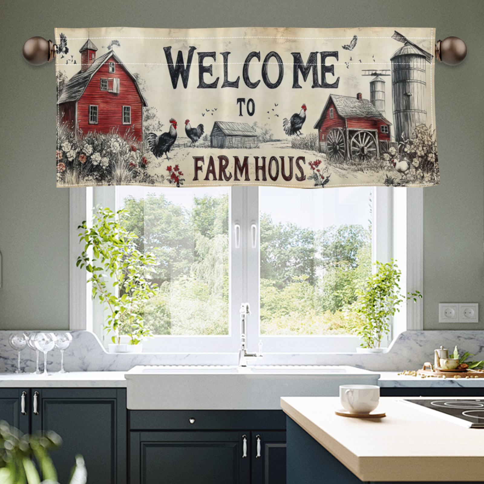 

Farmhouse Valance Curtain - Welcome To The , Rod Pocket Window Treatment For Kitchen, Living Room, Bathroom, Cafe, Laundry - Polyester