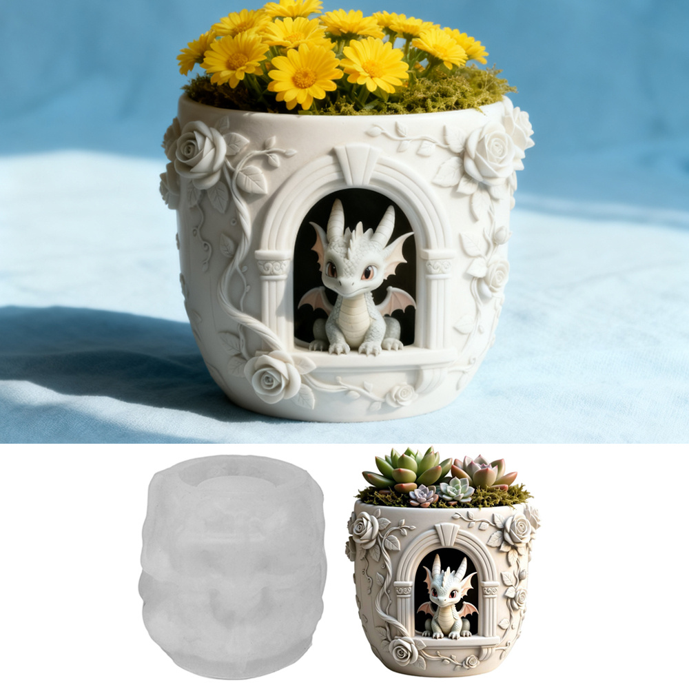E-shop Drachen- und Rosen-Topf Silikonform, 3D Fantasy - Harzform im Themen-Design mit filigranen Drachen- und Rosen-Details für handgemachte
