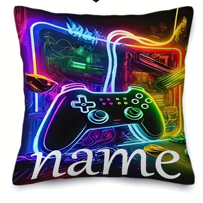 TEMU 1pc Customizable Neon Game Controller Square Pillow Cover - Personalized Name Text, Soft Plush Fabric, Machine Washable, Home Car Seat Decor,