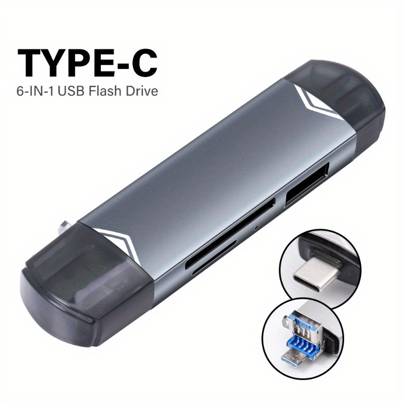 TEMU Type-c 6 In 1 Card Tf Card Reader Usb/sd Flash Drive For Memory Card For Mobile Phone Laptop