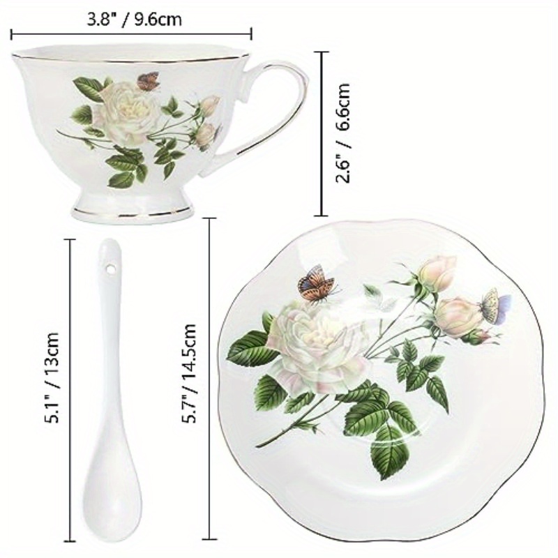 6oz porcelain ivory floral tea cup and saucer set with   - elegant latte cups and espresso mug for coffee drinks,   home or restaurant use,   tea set|floral pattern cups|durable porcelain Product details 2
