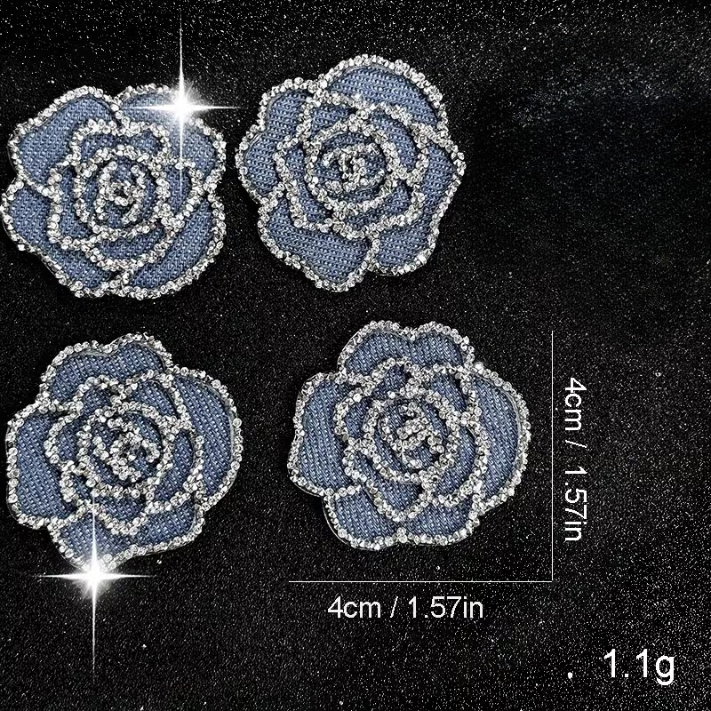 TEMU 4 pièces d'écussons thermocollants en denim fait main avec fleurs et strass, rose en denim bleu robuste, décoration de couture thermocollante,