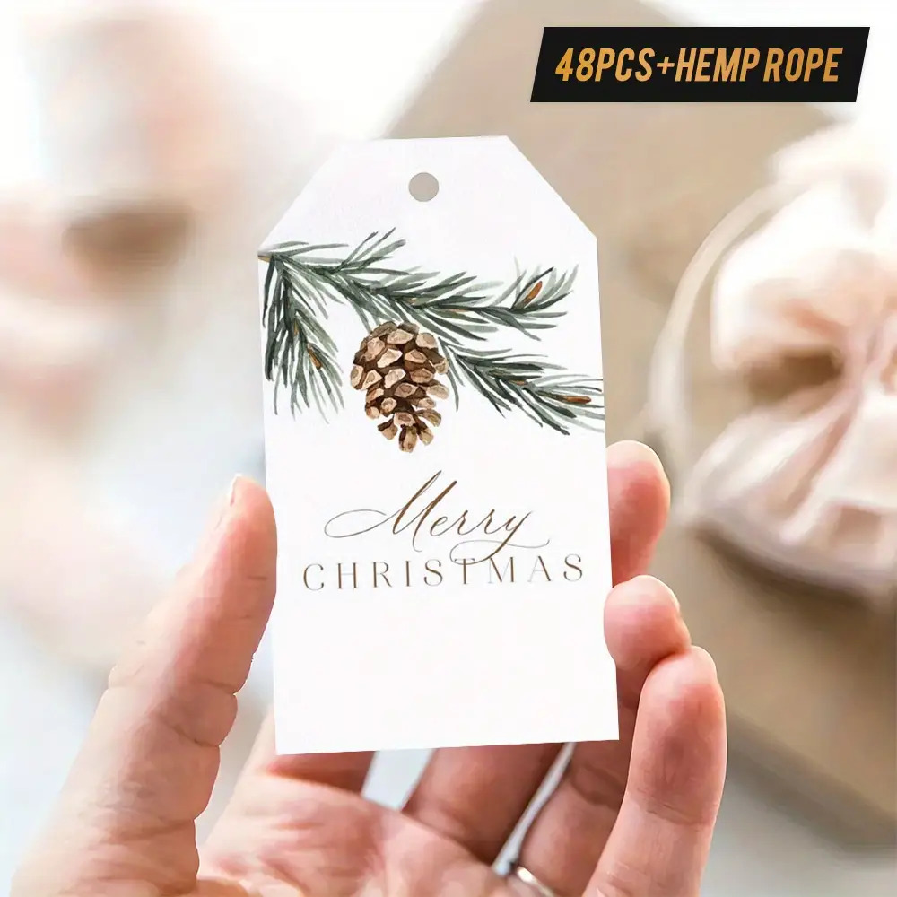 Image of 48pcs Festive Merry Tags With Hemp Rope - Pine Cone And Green Bough Design, Holiday Wrapping, Tree Ornaments, And Spreading Cheer, Decorations