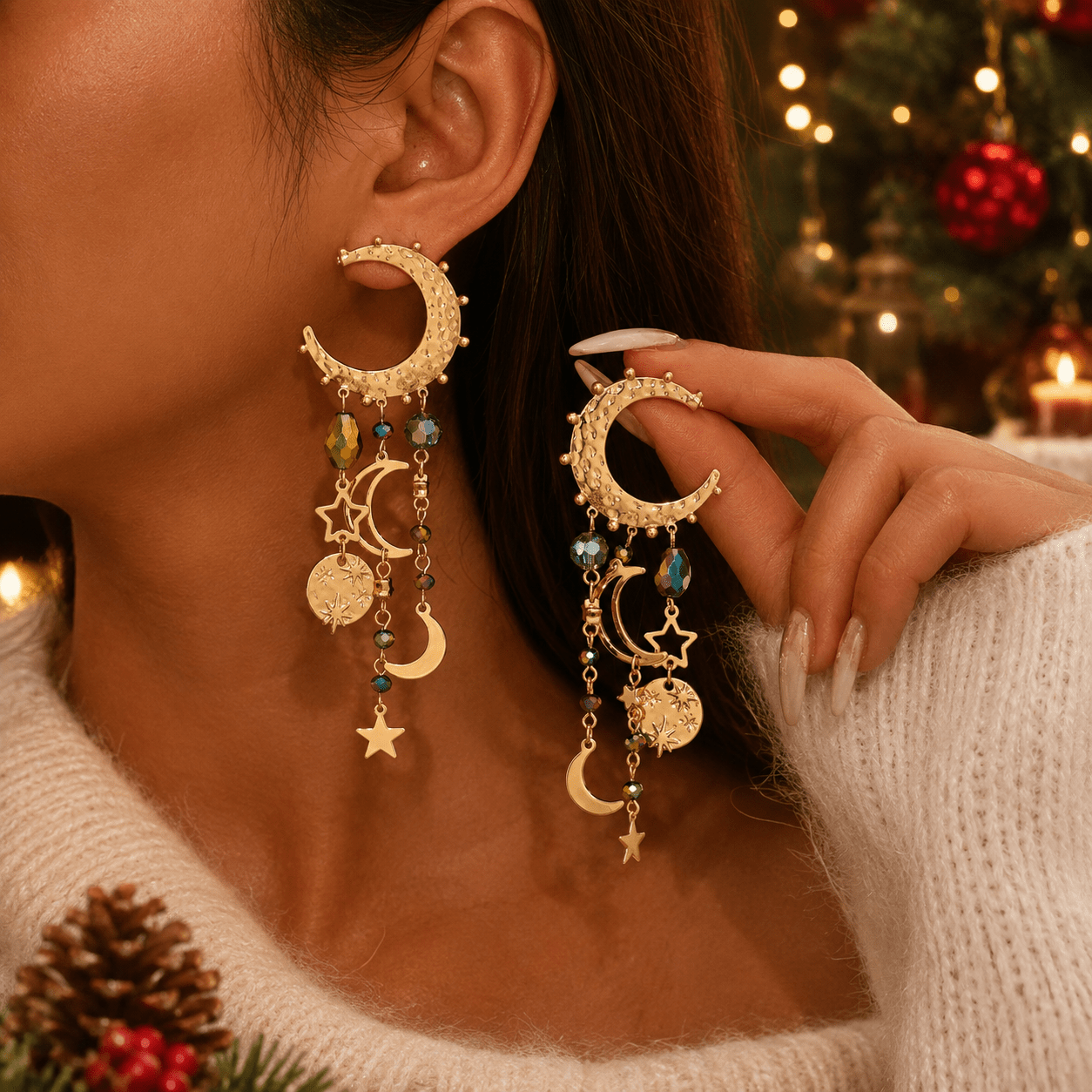 TEMU 1 di orecchini pendenti a luna e stella per donna, orecchini a con ciondolo e accenti di perline colorate, gioielli d' boho vintage per feste di