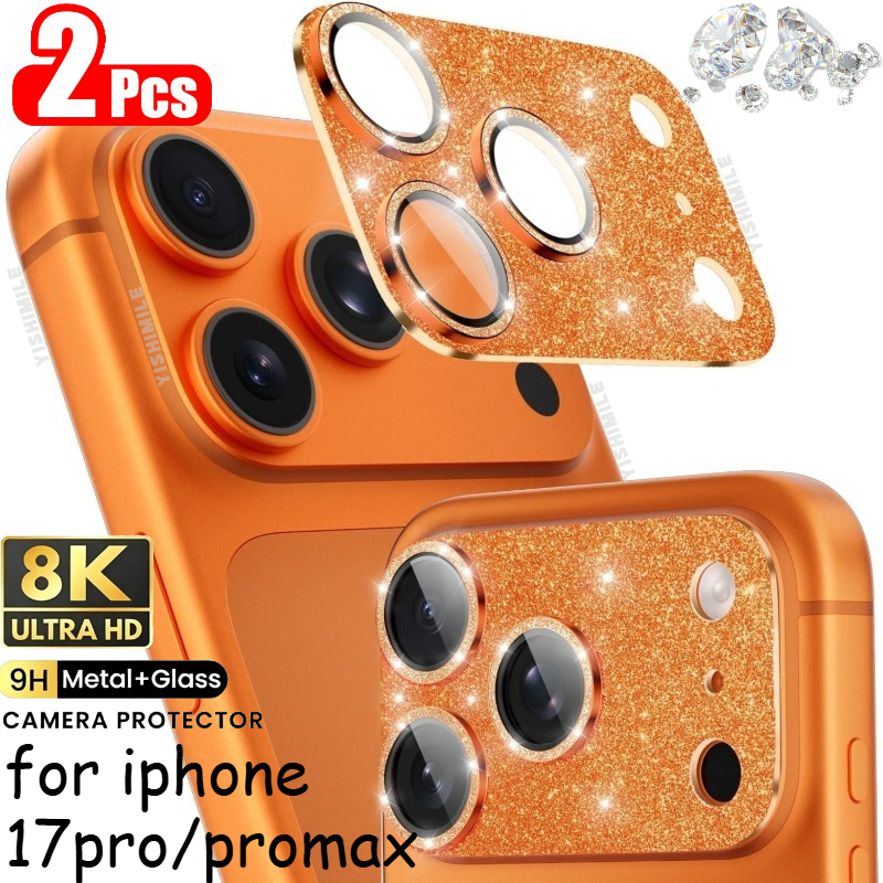 TEMU 2 protections d'objectif d'appareil photo orange bling avec paillettes pour iPhone 17 Pro , verre trempé 9H avec anneau en métal, couverture
