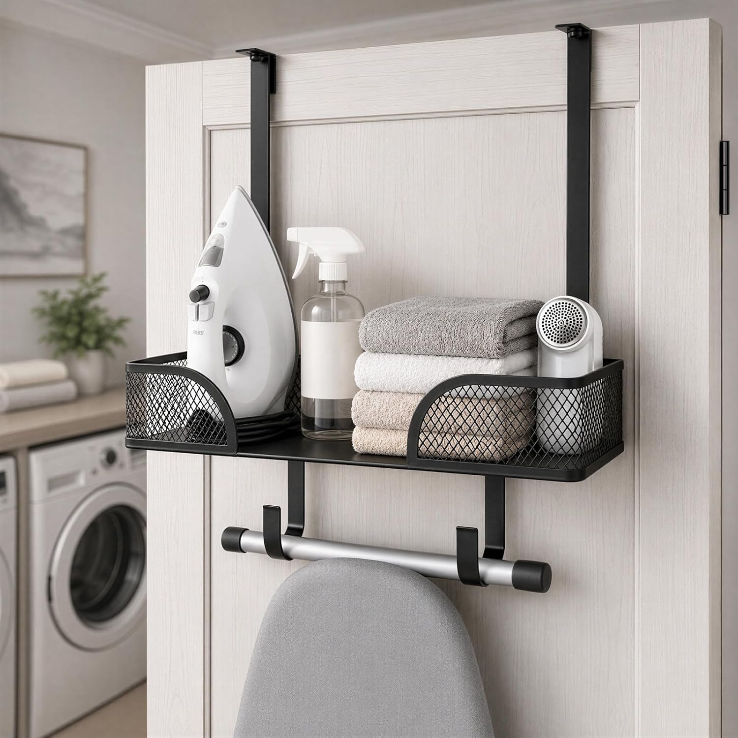 Image of Over The Door/wall Mount Ironing Board Hanger With Large Storage Basket | With Removable Hooks, Iron And Ironing Board Holder Storage For Laundry Room, Bathroom And Bedroom, Shelves