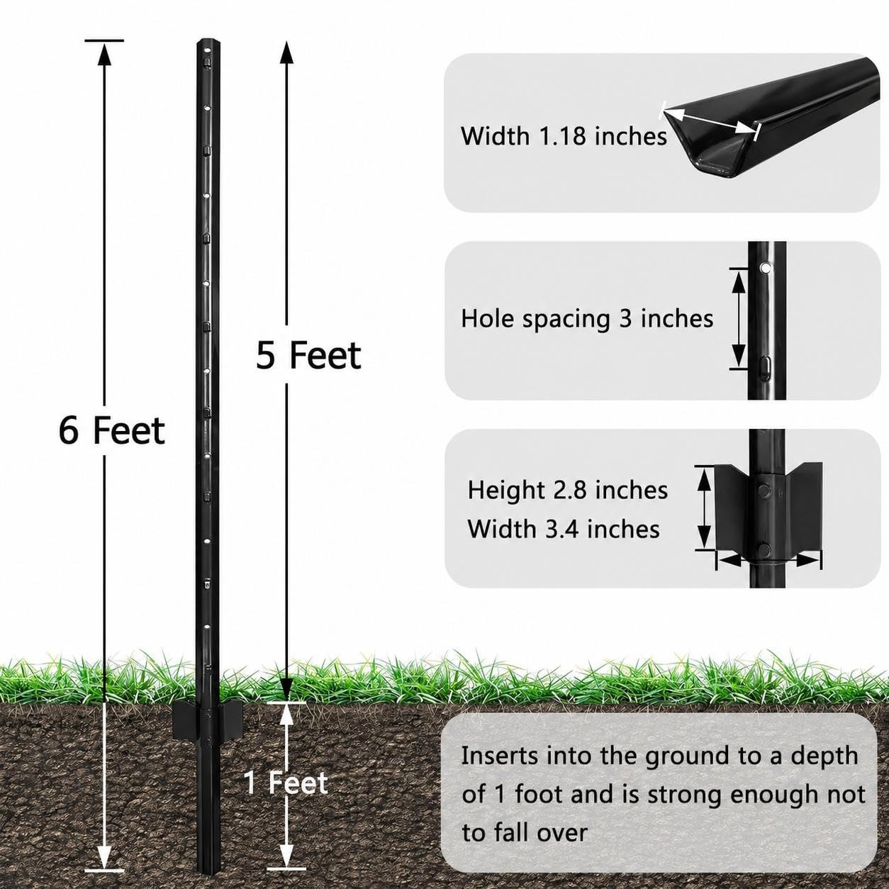 6ft Stakes 8-pack U-channel Design With Ground Anchor Plates No Dig Installation For Garden Borders Farm Signs Wire Mesh Barrier Posts