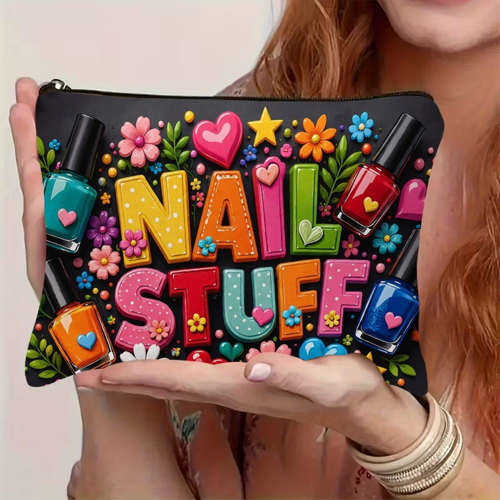 TEMU 1pc Nail Art Themed Cosmetic Bag With Zipper Closure - Colorful Nail Polish & Nail Print, Lightweight Durable Travel Suitable For Nail
