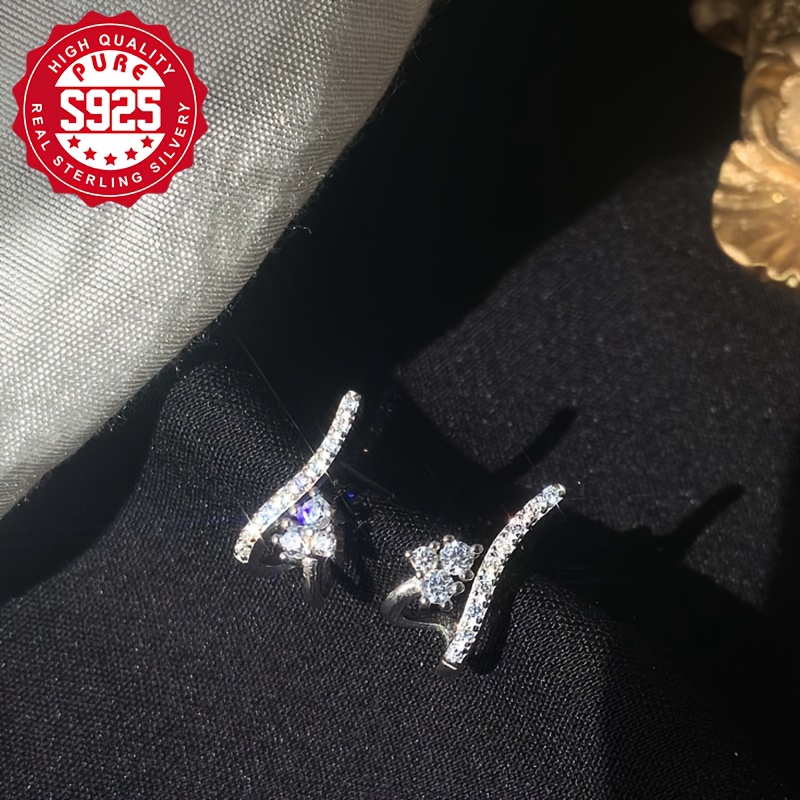 TEMU 1 Pair Of Luxury Sterling Silvery Earrings, 1 Pair Of Women's Luxury 925 Sterling Silvery Earrings, With Square Synthetic Zirconia, Anti