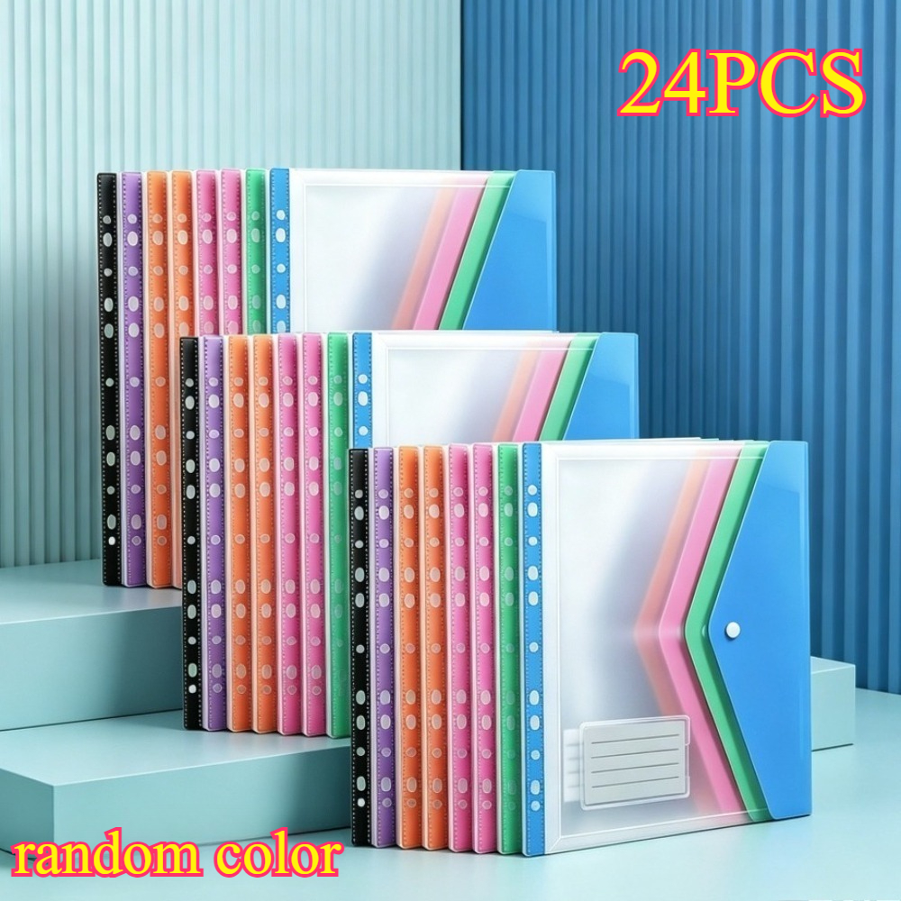 Durable Expandable 11-hole Plastic Document Pouches 24pcs, Random Colors Pocket Universal For 2/3/4 Ring Binders Household Office Paper Organizer
