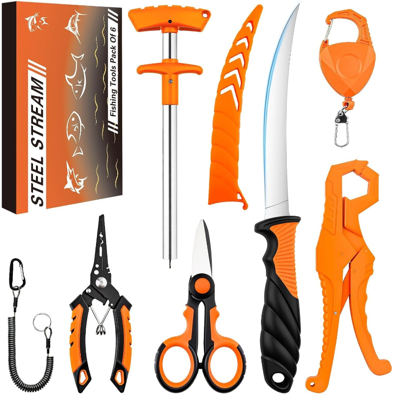 TEMU Goando Fishing Equipment Accessory Set - Stainless Steel Fishing Pliers, Fish Filleting Knife, Hook Remover, Braid Scissors, Fish Lip Gripper,