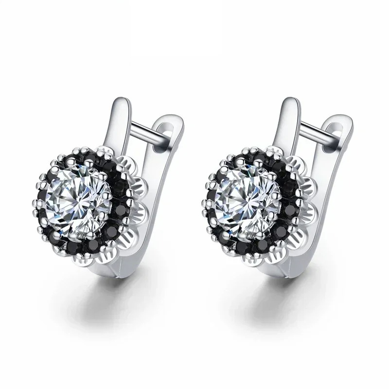 1 Pair Sweet Black And White Stone Round Ear Hooks Niche Design Exquisite Silvery Earrings