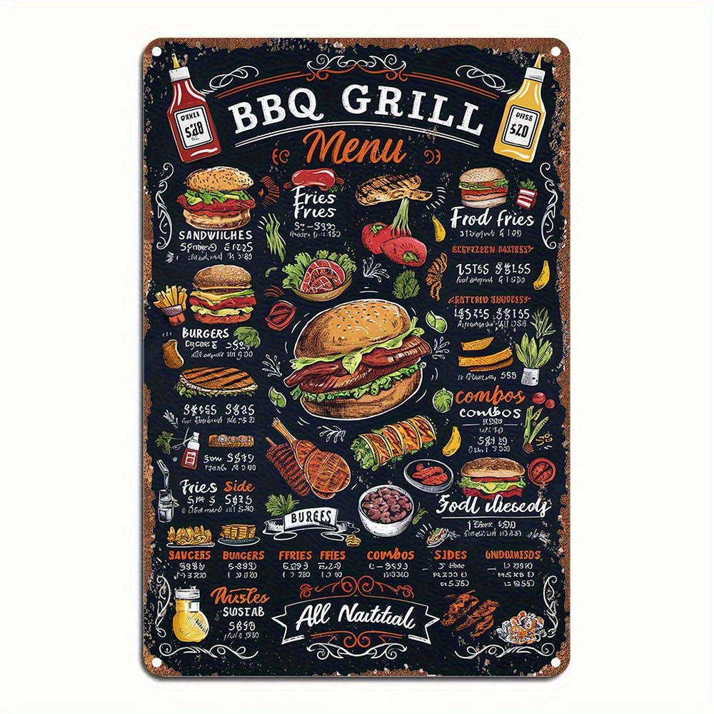 E-shop 1 Stück Vintage BBQ Grill-Menü Metallschild, Metall-Wandkunst für Zuhause, Schlafzimmer, Restaurant, Bar, Café, Schule, Bibliothek, Tür,