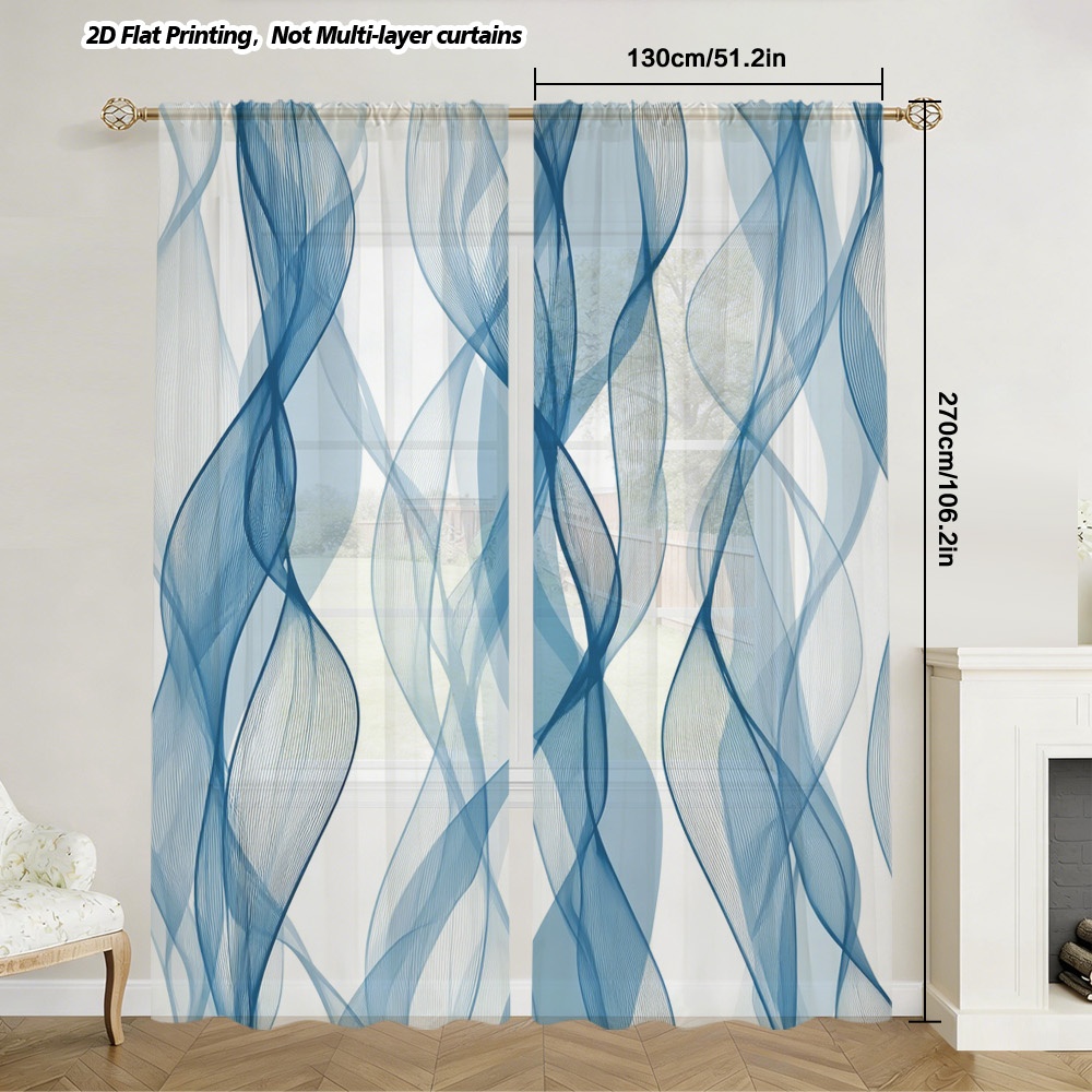 TEMU Set di due tende a piatte 2D - Tende piatte 2D - Design ondulato astratto blu, ideali per finestre in soggiorni, camere da letto, cucine e