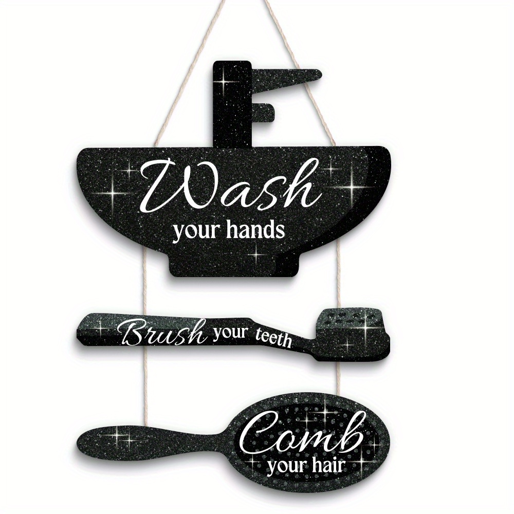 TEMU 2d Flat Putuo Decor 1pc Wooden Hanging Sign Decor, Wash Your Hands Brush Your Teeth Comb Your Hair, Wall Art Decoration For Home Farmhouse Toilet Bathroom Washroom Restroom, Gift