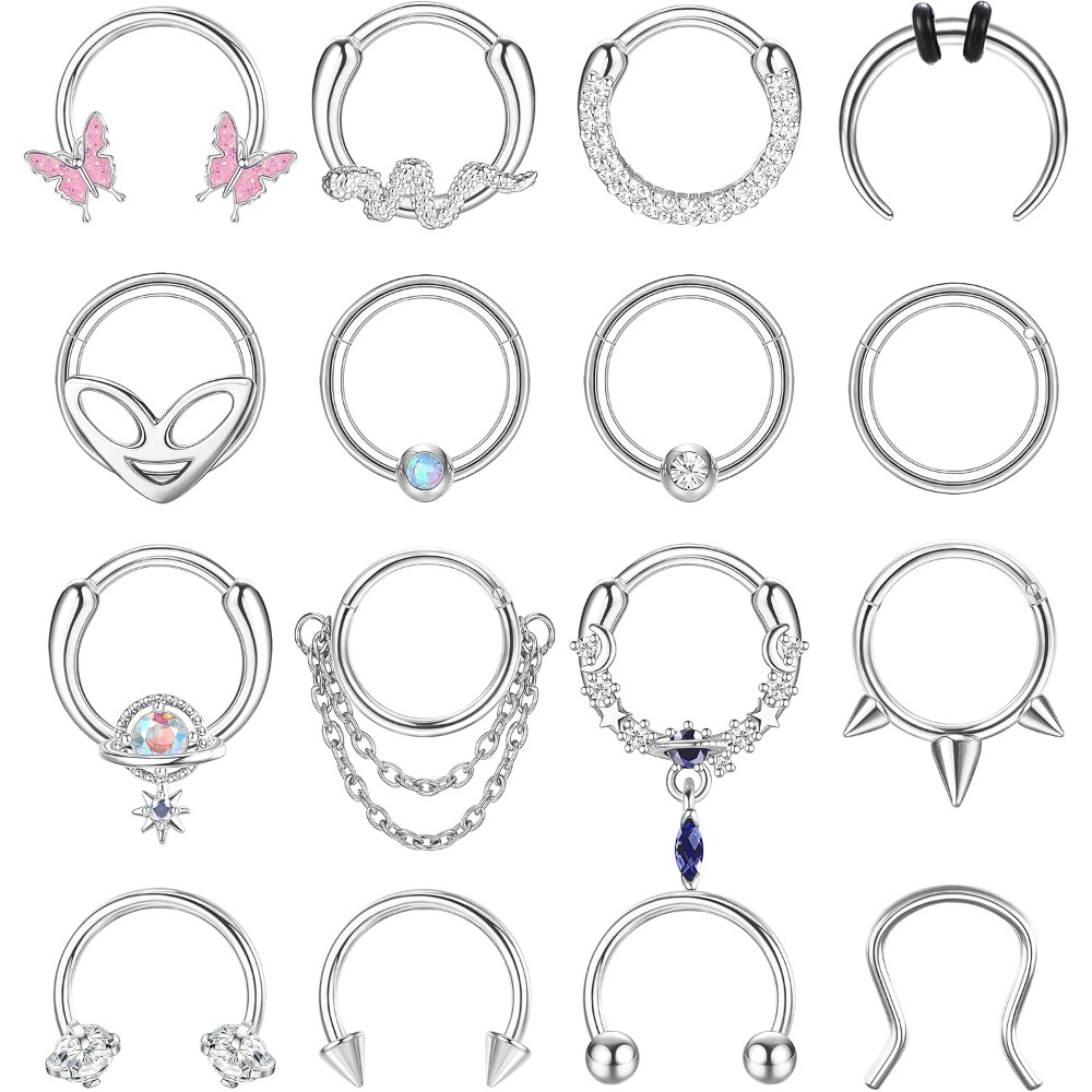 16pcs Stainless Steel Septum Rings Hoops For - Hinged Horseshoe Clicker Hoop Suitable For Daith Helix Tragus Cartilage Piercing, Dangle Septum Jewelry For Daily Wear, Parties, Piercing