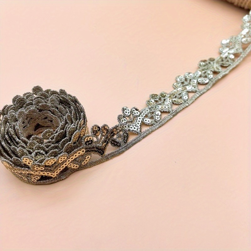 TEMU Accesorio de encaje de lentejuelas hidrosoluble de 2 yardas/25 mm con bordado de hilo dorado, decoración de , cinta para ropa, cinturón de