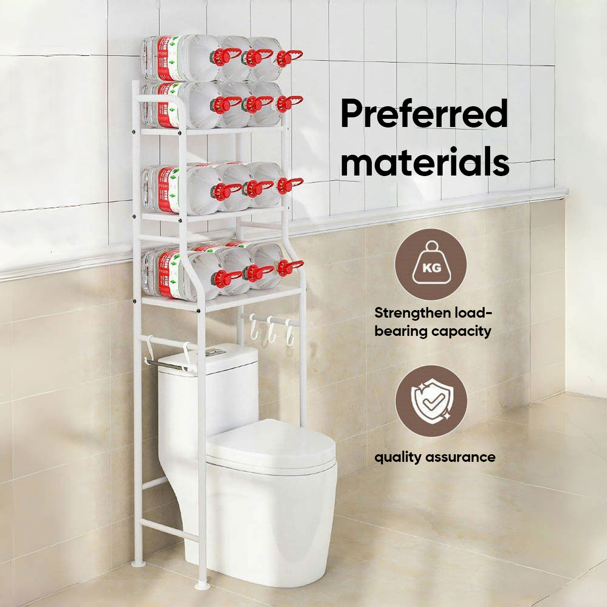 TEMU Modern 3-tier Bathroom Storage Cabinet | Freestanding Organizer With Towel Rack For Over Toilet, Shower, Or Sink, Powder-coated End (white,