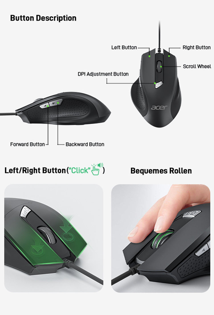 Acer Genuine Product M02 Ergonomic Wired Mouse: 4-level DPI Adjustment, 500Hz Polling Rate, Left/right Click Buttons on Both Sides, Works on Multiple Surfaces, Approximately 1.5-meter Cable, Ideal for Gaming and Office Use, USB Plug-and-play