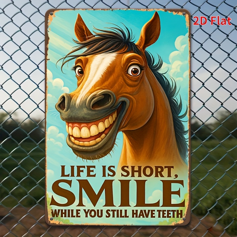 TEMU 2d Flat, 1pc Horse-shaped Vintage Wooden Wall Sign " Short Smile While You Still Have Teeth" - Rustic Wood Plaque Suitable For,,, Cafe Decor -