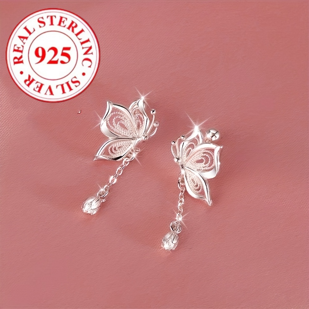 TEMU 925 Sterling Hollow Bud Chain Fringed Stud Earrings, Suitable For Daily Parties, Women's Earrings, Stud Earrings, Jewelry, Clothing Additions,