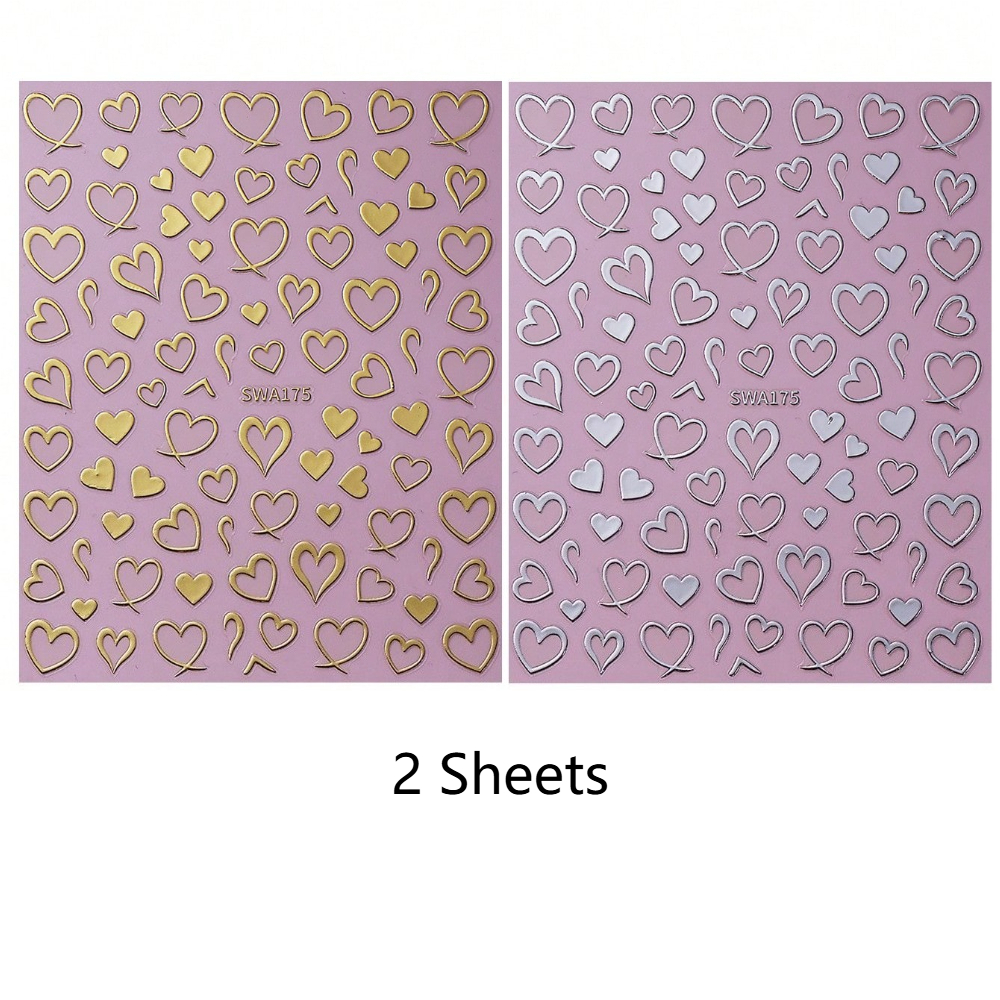 2pcs Valentine Red Nail Stickers Golden Silvery Hollow Heart Self Adhesive Decals Diy Manicure Sliders Nail Decoration Supplies For Wedding Valentine's Days