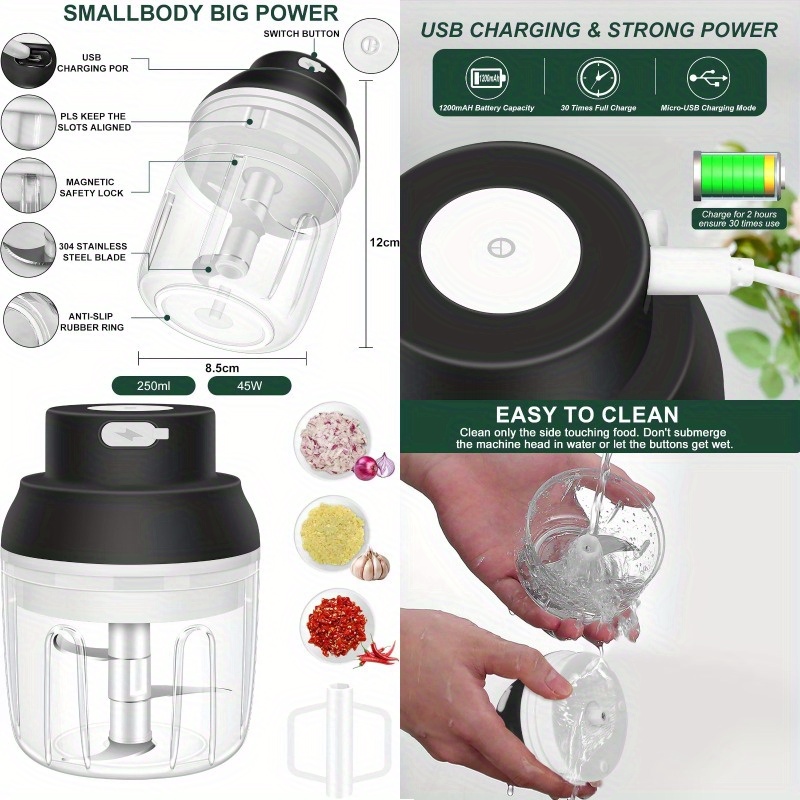 1-touch electric garlic chopper with usb-powered 45w motor & 8.45oz large cup -   food processor with safety lock, safety system, 304 blade & bpa-free pp bowl - portable for garlic, onion, ginger, chili, meat, nuts, vegetables - 3-hour charge, 30-day, ergonomic handle &   operation (ideal for camping, picnic, bbq) -   Product details 0