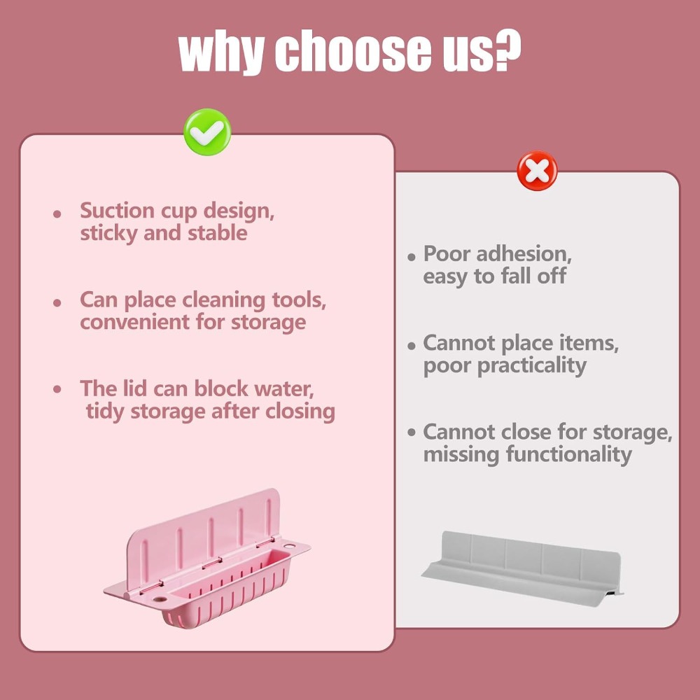2pcs 13 9 inch foldable kitchen sink splash guard with suction cups storage design for cleaning tools easy to clean for kitchen bathroom pink Product details 6