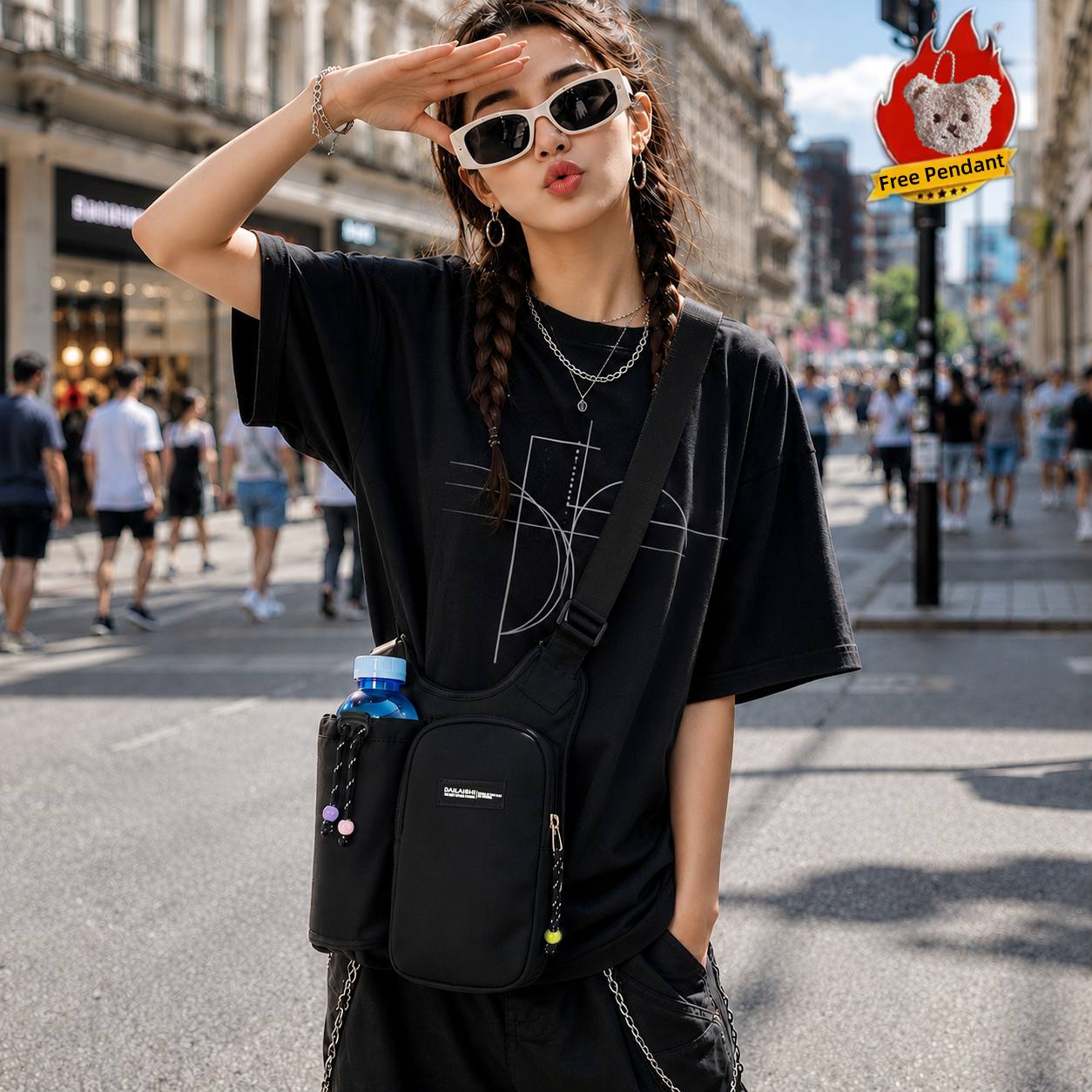 TEMU Sacoche Porte-Téléphone Bandoulière pour Femme, Sac Seau à Cordon de Serrage à Blocs de Couleur Dopamine, Sac à Dos pour Femme, avec Breloques,