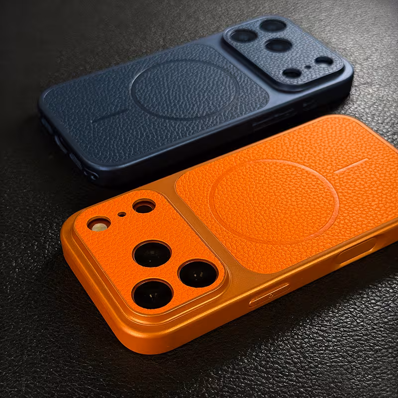 phone luxury instantly upgrade to 17 series orange artificial leather feel texture wireless charging phone case compatible with for iphone 17 16 15 14 13 pro air 17 magnetic shockproof soft border cover Product details 3
