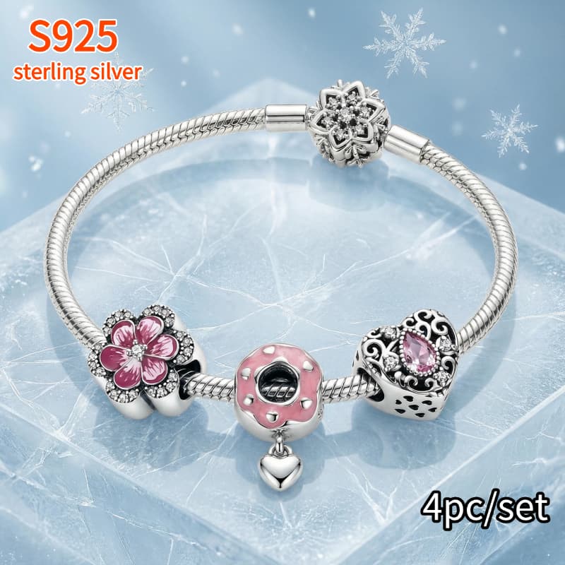 Image of 4pcs 925 Sterling Silver Red Flowers, Donuts, Hollow Pink Zirconia Hearts Charm Beads Women's Fashion Suitable Bracelet Necklace Engagement Birthday Gift