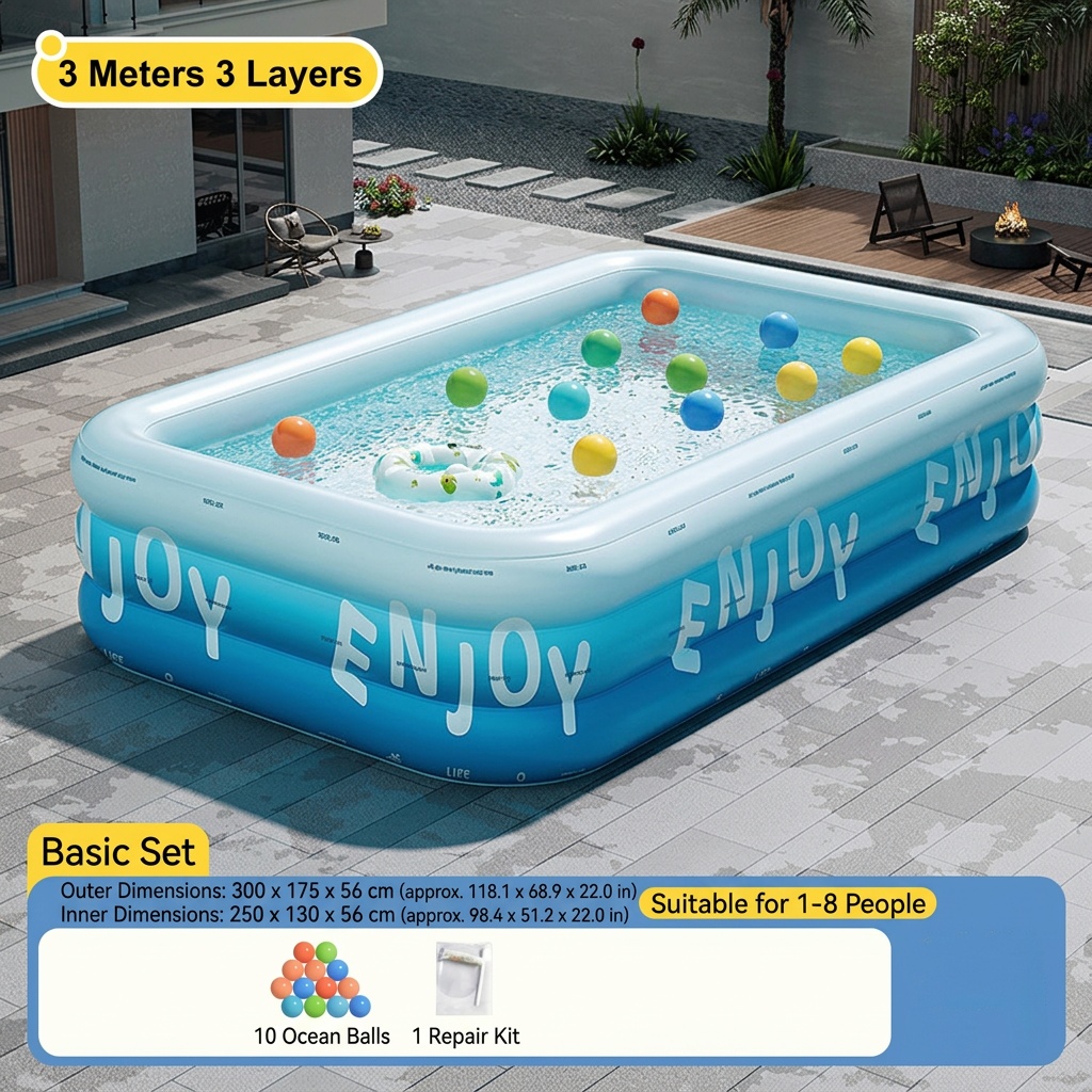 Large Inflatable Swimming Pools for Adults, Measuring 3M / 118.11In, Available in 3-Layer And 4-Layer Designs. Perfect for Outdoor Use, These Square And Elliptical Pools Are Made from Durable PVC Material