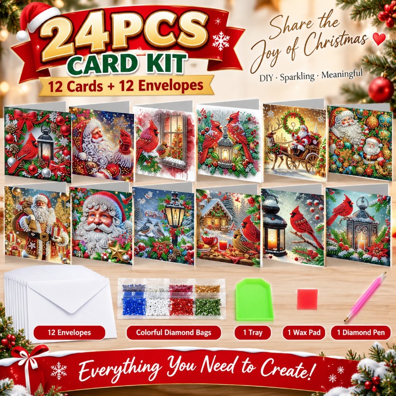 TEMU 24pcs Christmas Diamond Painting Greeting Card Set (includes 12pcs Art Cards And 12pcs Matching Envelopes), Featuring Santa Claus, , And