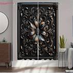 2pcs elegant black floral print curtains modern semi transparent polyester drapes with golden accents easy to hang rod for living room or bedroom decor bedroom decor floral pattern curtains durable fabric curtains for living room