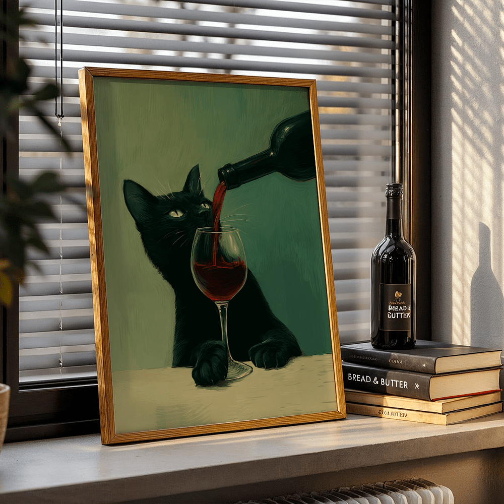 TEMU 2d Flat, Wall Art, Poster, Black Cat And Wine Glass, Print, Fun Animal Canvas Painting, Living Room Decoration, Bedroom Aesthetic Design, Gift