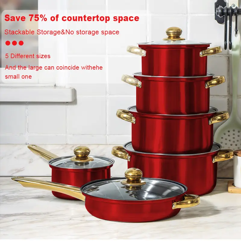 red 12pcs stainless set non stick pan set heat resistant frying saucepan versatile stylish durable suitable for induction stoves details 4