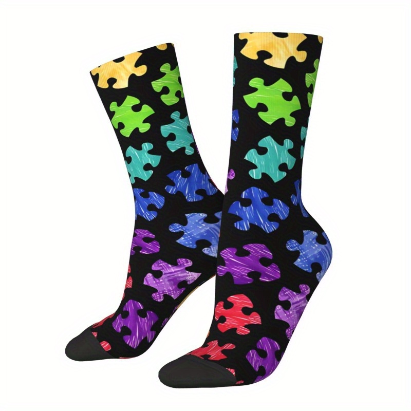 TEMU 1 Pair Of Unisex Harajuku Vintage Style Novelty Socks, Colorful Puzzle Print, Fashionable 3d Digital Printing Men's Women's Socks, Sock Gift,