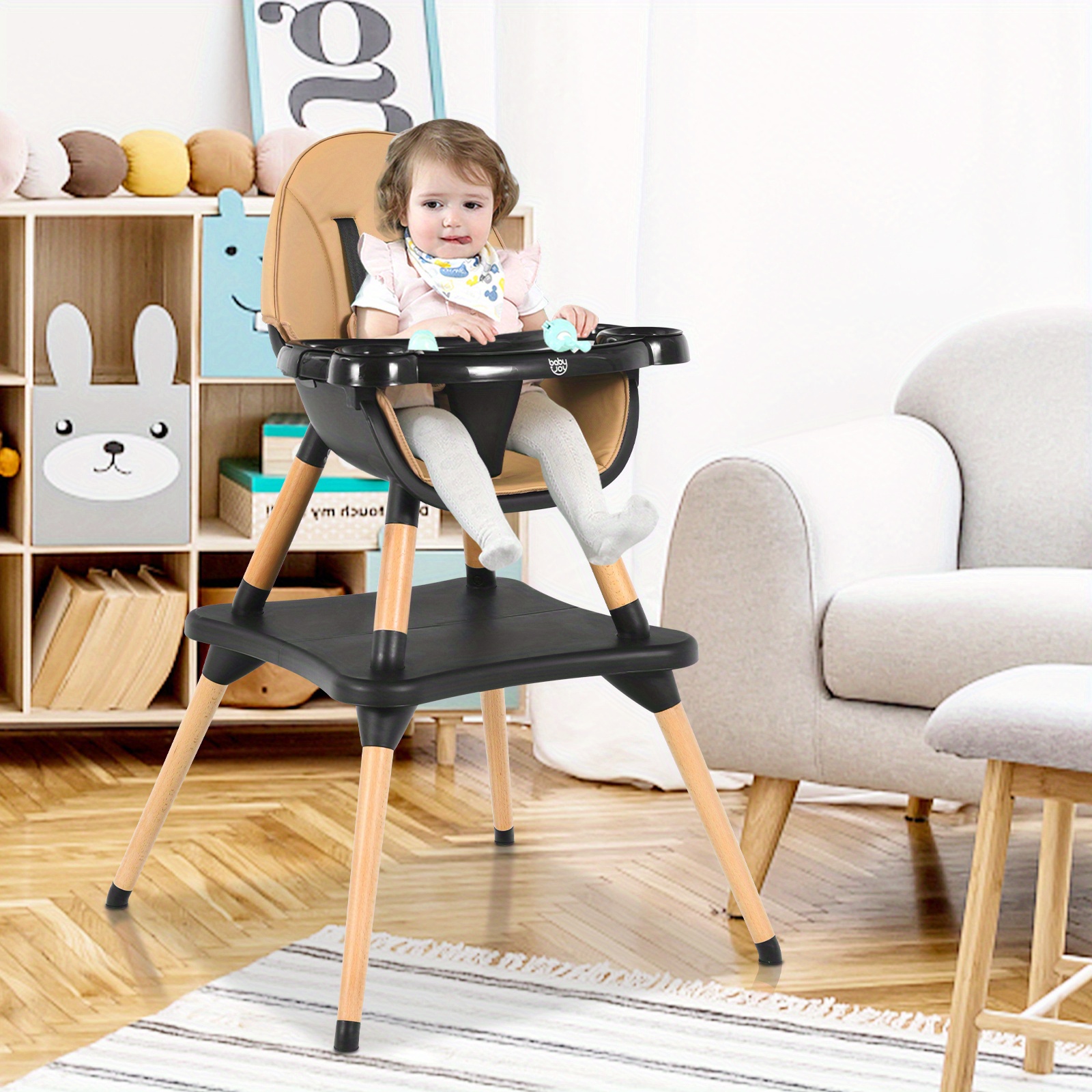 COSTWAY 6-in-1 Convertible High Chair with 6-in-1 Functionality - Wooden & Plastic Construction, Adjustable Height & 5-Stage Developmental Support - Image 8