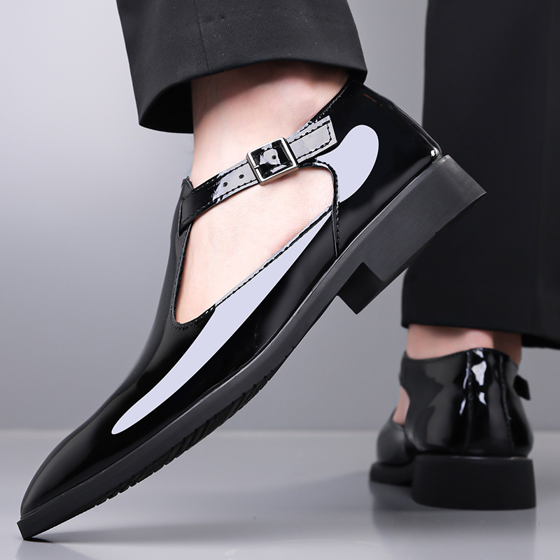 Men's Glossy Patent Dress Shoes with Breathable Cut-Out Design - Slip-On Closure, Comfortable Rubber Sole & PU Lining - Black Low-Top Formal & Casual Footwear
