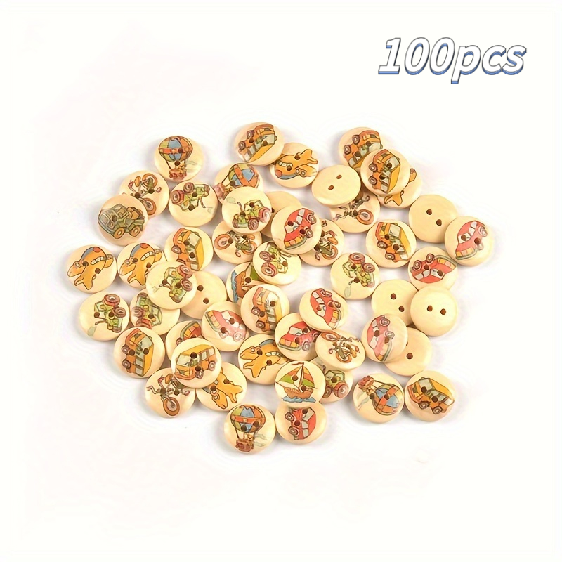 TEMU 100pcs Retro Traffic Pattern 0.59inch Wooden Buttons- Double Hole Round Handcraft Buttons, Suitable For Diy Sewing And Clothing Accessories