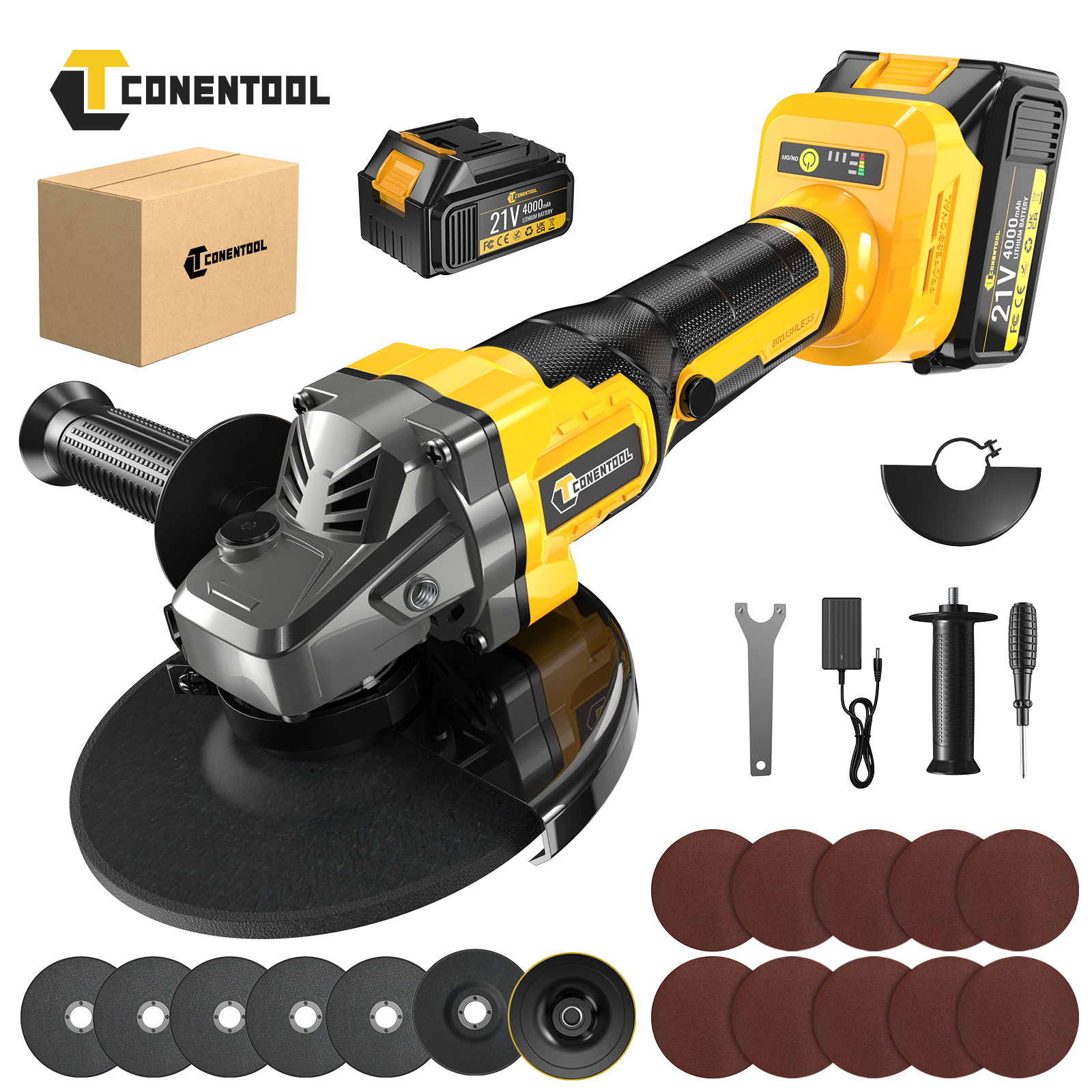Image of Cordless Brushless Angle Grinder Kit For Home Diy. Portable With Variable Speed And A Versatile Motor For Wood Sanding, Polishing And Surface Finishing. Choose Tool (no Battery), Or With 1 Batteries.