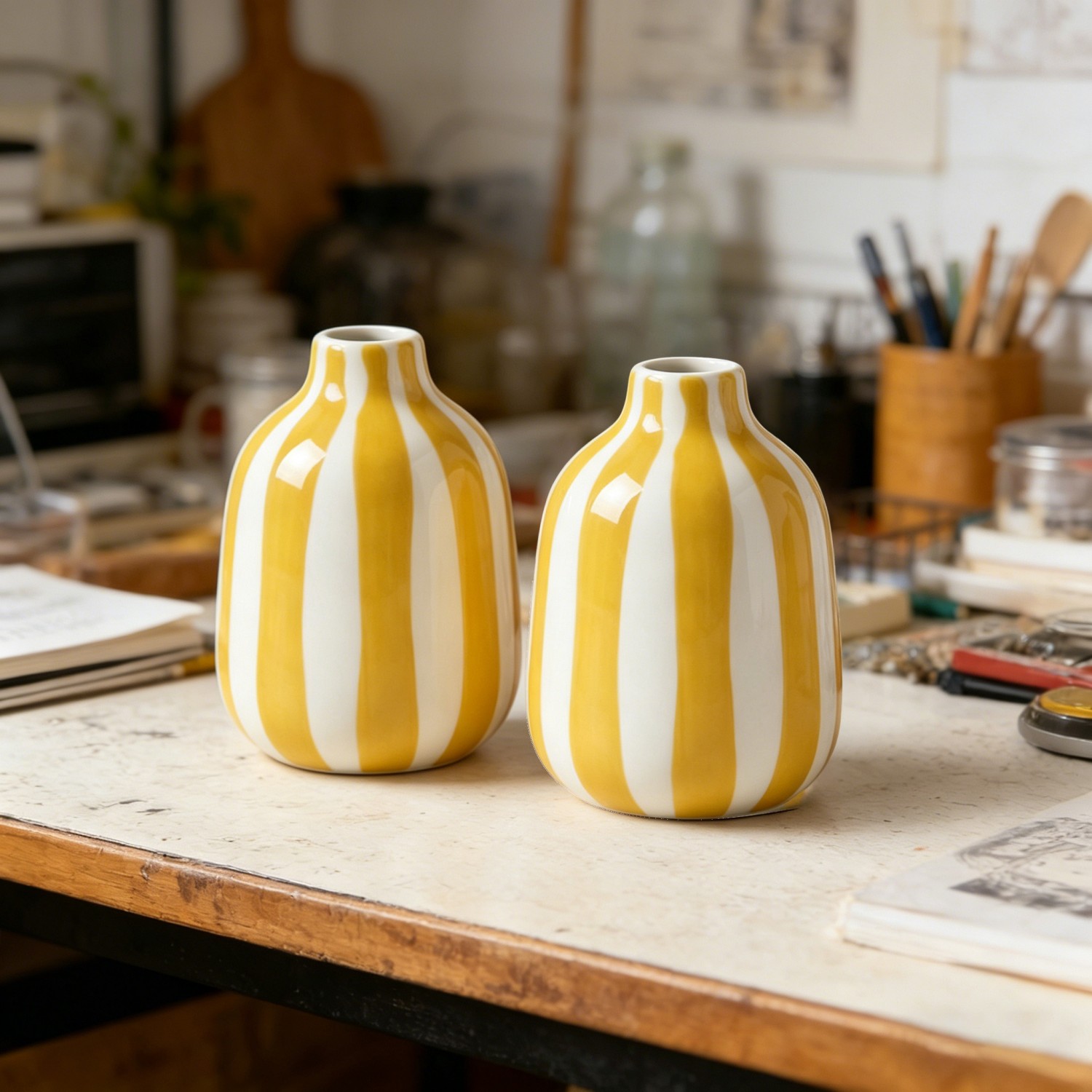 2pcs Ceramic Striped Mini Vase, Colorful Small Flower Vase For Tabletop, Window Sill, Gift, Blue White/pink White/yellow White/red White