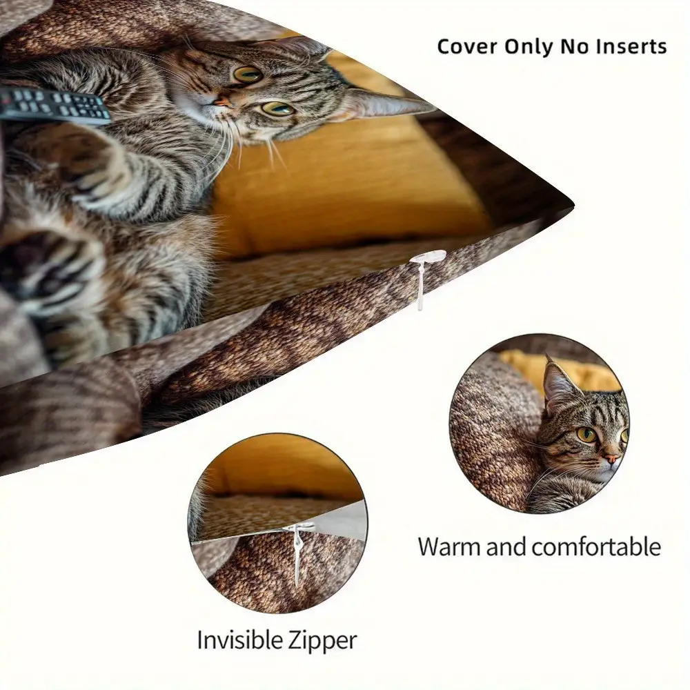 double sided 1pc modern hypoallergenic pillowcase cute fat cat and remote control pattern single sided print zipper closure machine washable suitable for comfortable bedroom and living room decoration fun pattern soft fabric print cushion   Product details 7