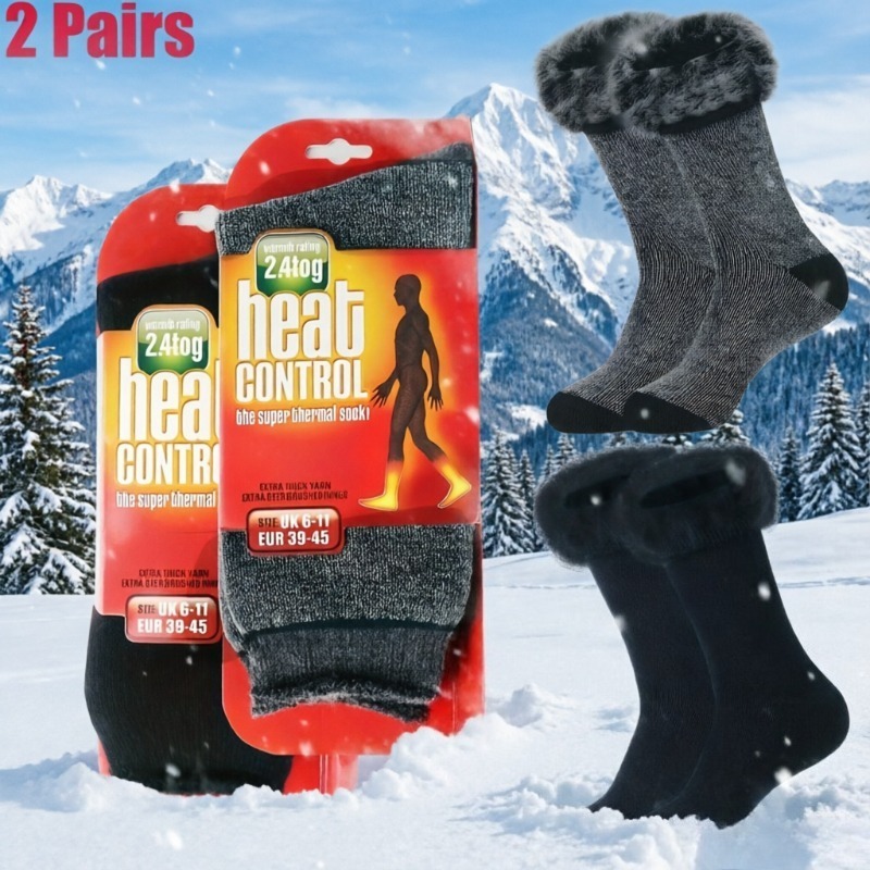 2-Pair Thermal Plush Fuzzy Lined Ski & Floor Socks, Anti-Slip