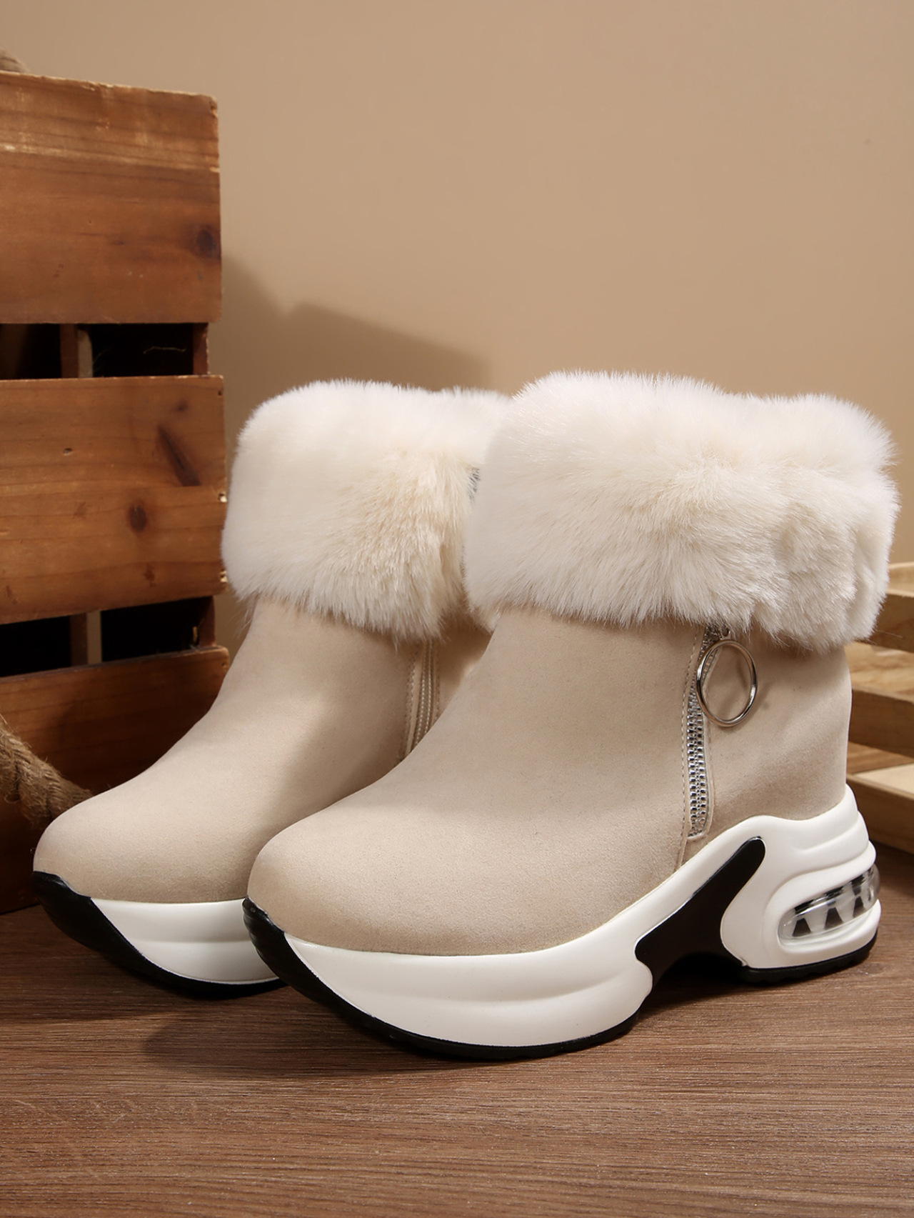 女士冬季保暖雪地靴，侧拉链设计，内衬抓绒 - 厚底坡跟，棕色/白色/黑色/灰色 - 防滑PVC鞋底，冷天、雪地及冰面缓震鞋垫 - 韩式冬季鞋，适合日常与正式装扮