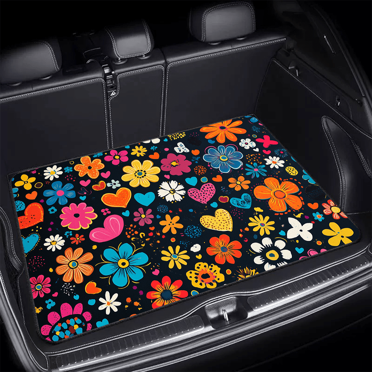 E-shop Eine bunte Blumen-Kofferraummatte - Mit rutschfester Gummibasis für den Auto-Innenraum, erhältlich in Schwarz mit einem leuchtenden