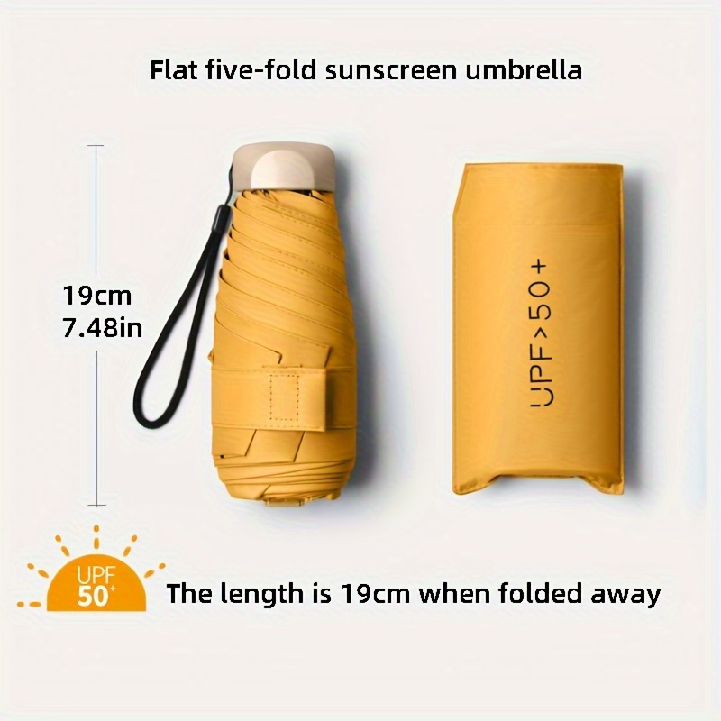 

Compact Five-fold Umbrella - Uv Protection, Ultralight, , Water-resistant, Easy-to-carry - Ideal For Hiking, Beach, Garden, City Strolls - Yellow With White Accents, Manual Open, Compact Umbrella