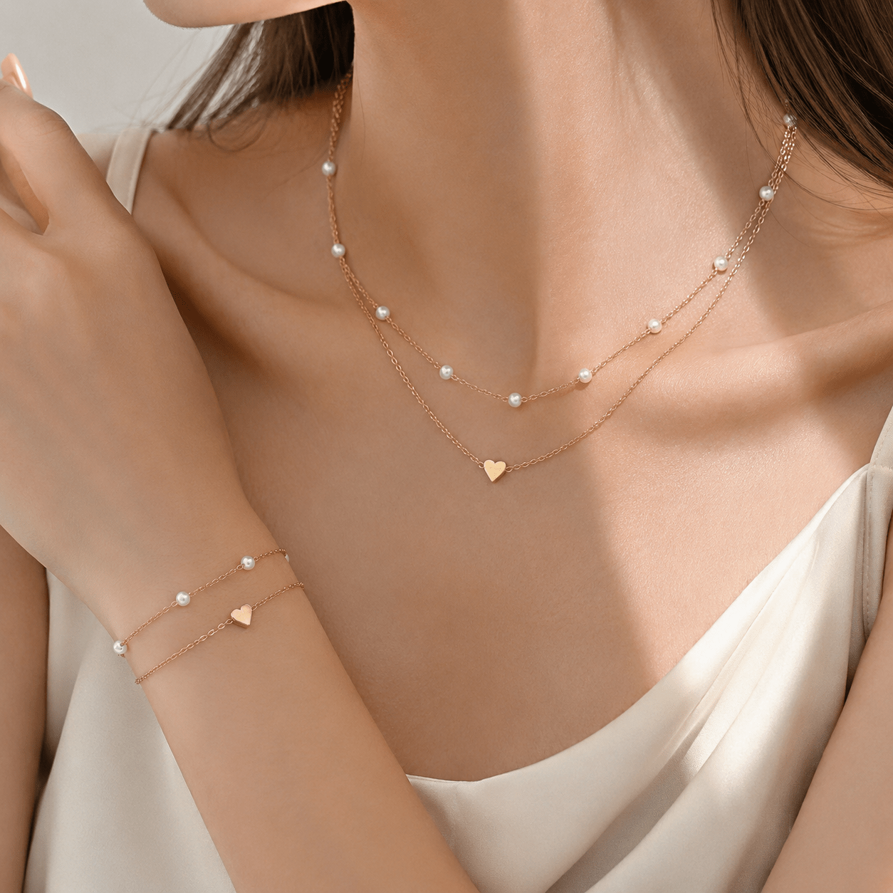 TEMU 2pcs Elegant Y2k Golden Jewelry Necklace & Bracelet Suitable For Women' Birthdays, Weddings, Parties - Double-layer Heart Pendant With Clasp