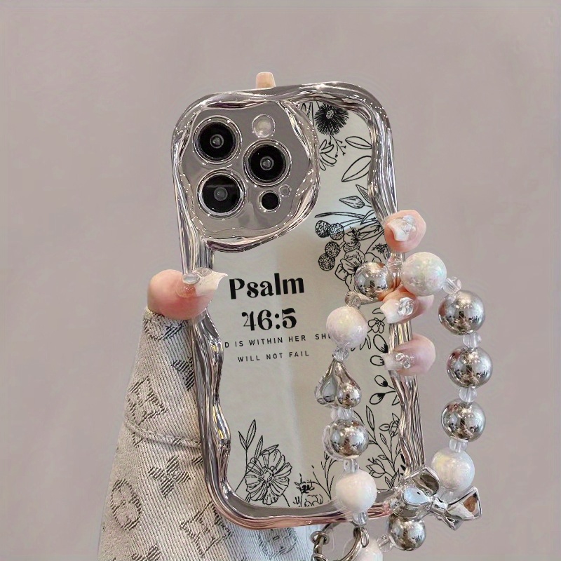 [Shockproof iPhone Case] Unique Anti-fall iPhone Case - Electroplated Silver Curved Edge Pattern Mobile Phone Case with Pearl Bracelet Lanyard Design, Durable, Compatible with iPhone 16 15 14 13 12 11 Pro Promax 16 15 14 Plus Cute Fashion Thickened Shockproof Mobile Phone Case