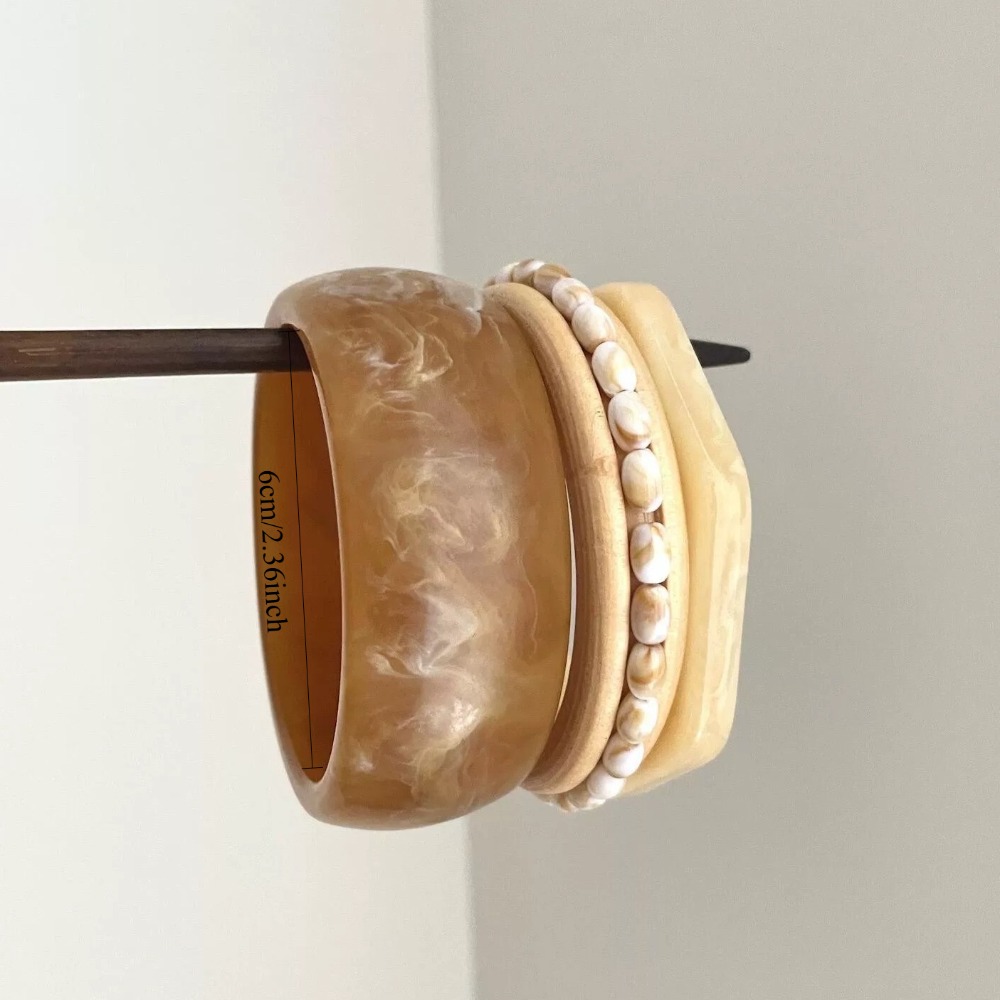 3pcs Women's Vintage Style Irregular Oval Wooden Bangle Set